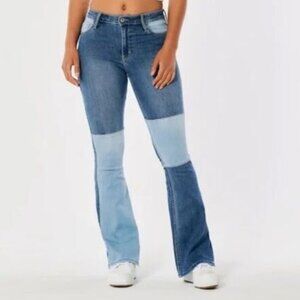 HOLLISTER HIGH-RISE VINTAGE FLARE JEANS TWO-TONE PATCHWORK STRETCH DENIM sz 27